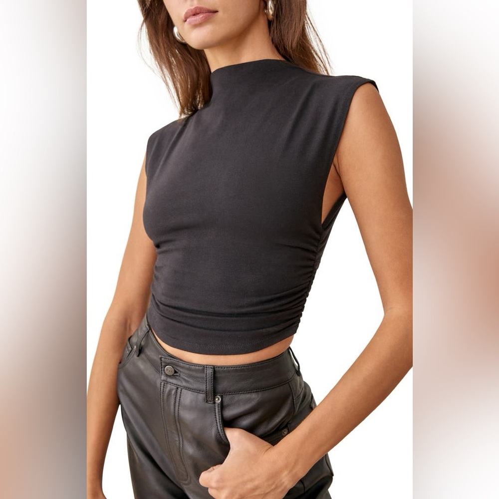 Reformation Black Sleeveless Mock-Neck Crop Top
